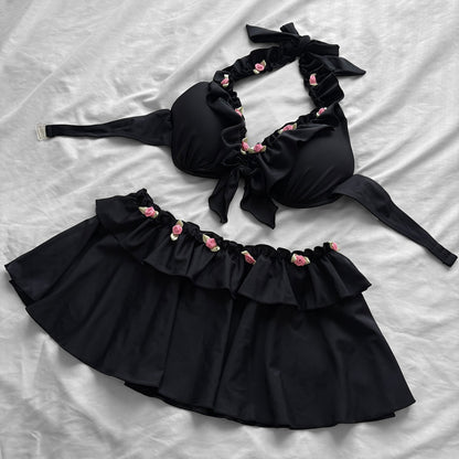 M size•Black& Pink Rose details bikini Set