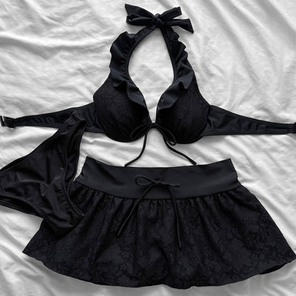 L size•Black halter lace bikini Set