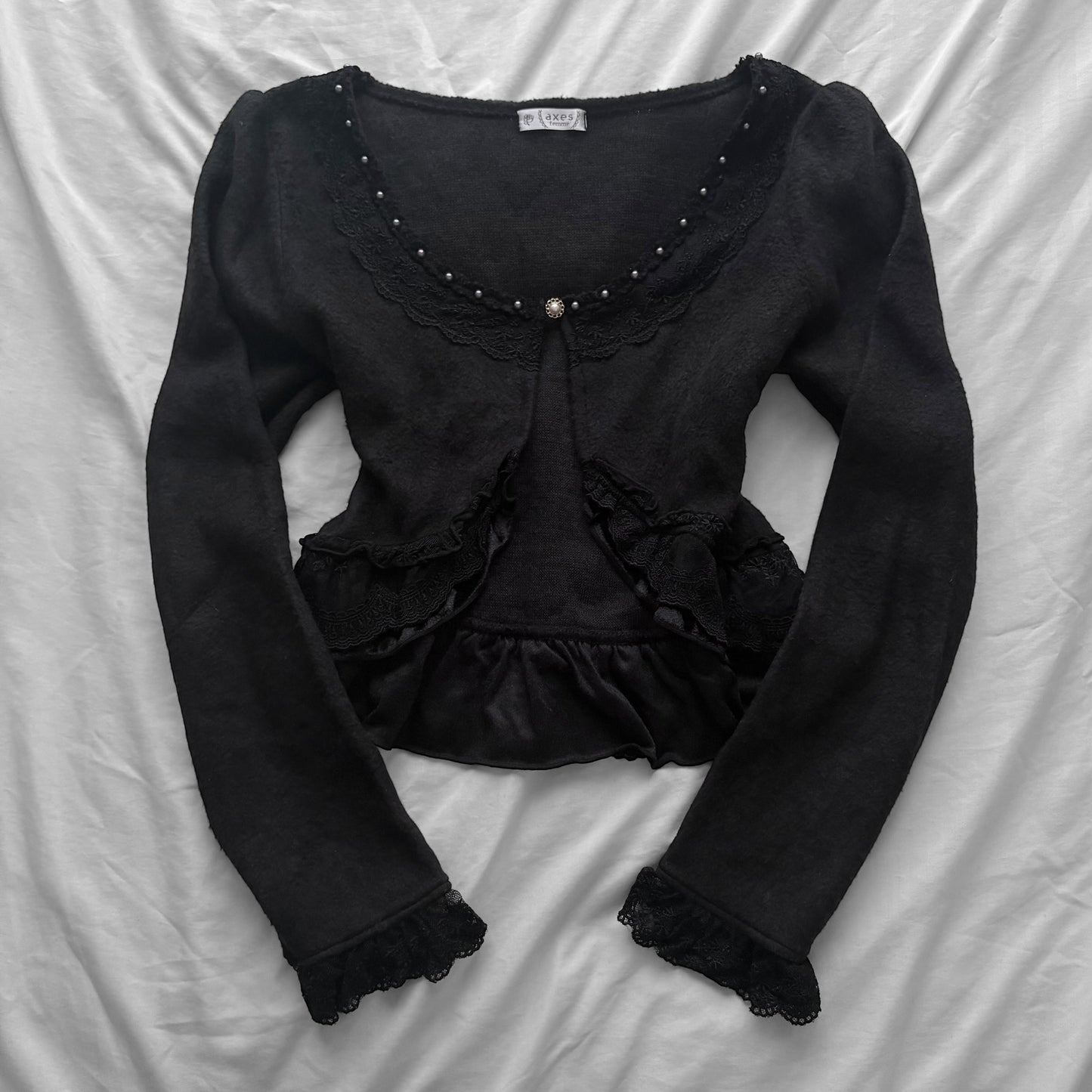 ‘Axes Femme’ Black Cardigan Top With Lace