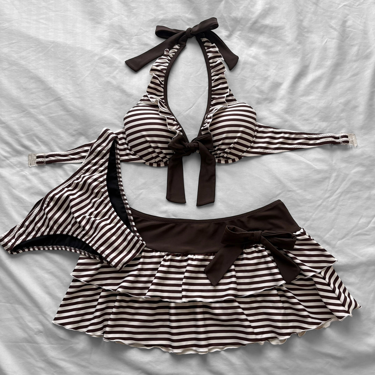 L size•Brown & White stripes bikini Set