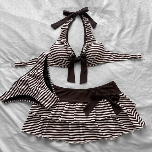 L size•Brown & White stripes bikini Set