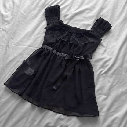Black Ruffle Lace & Ribbon Top
