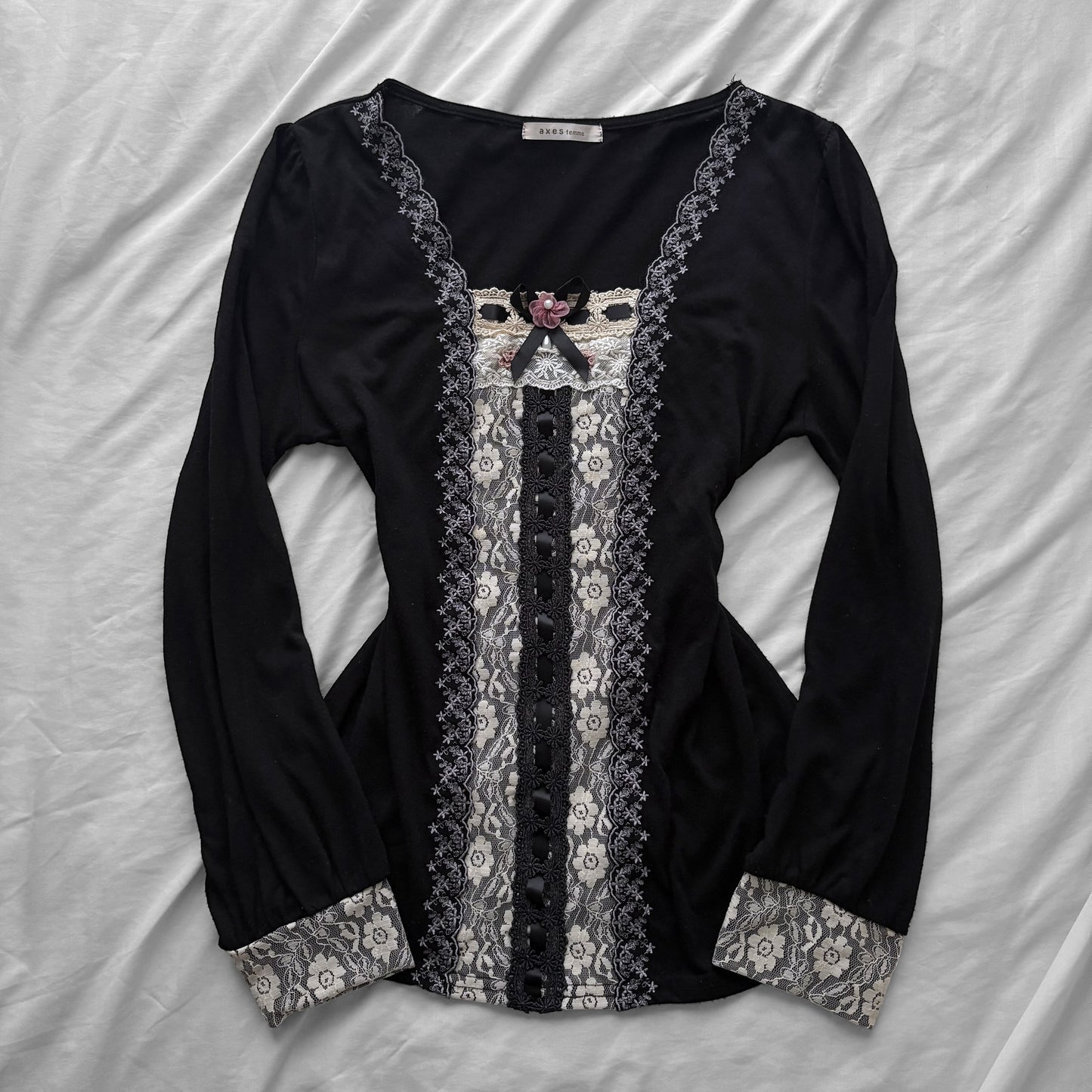 ‘Axes Femme’ Black Top with White Lace Details