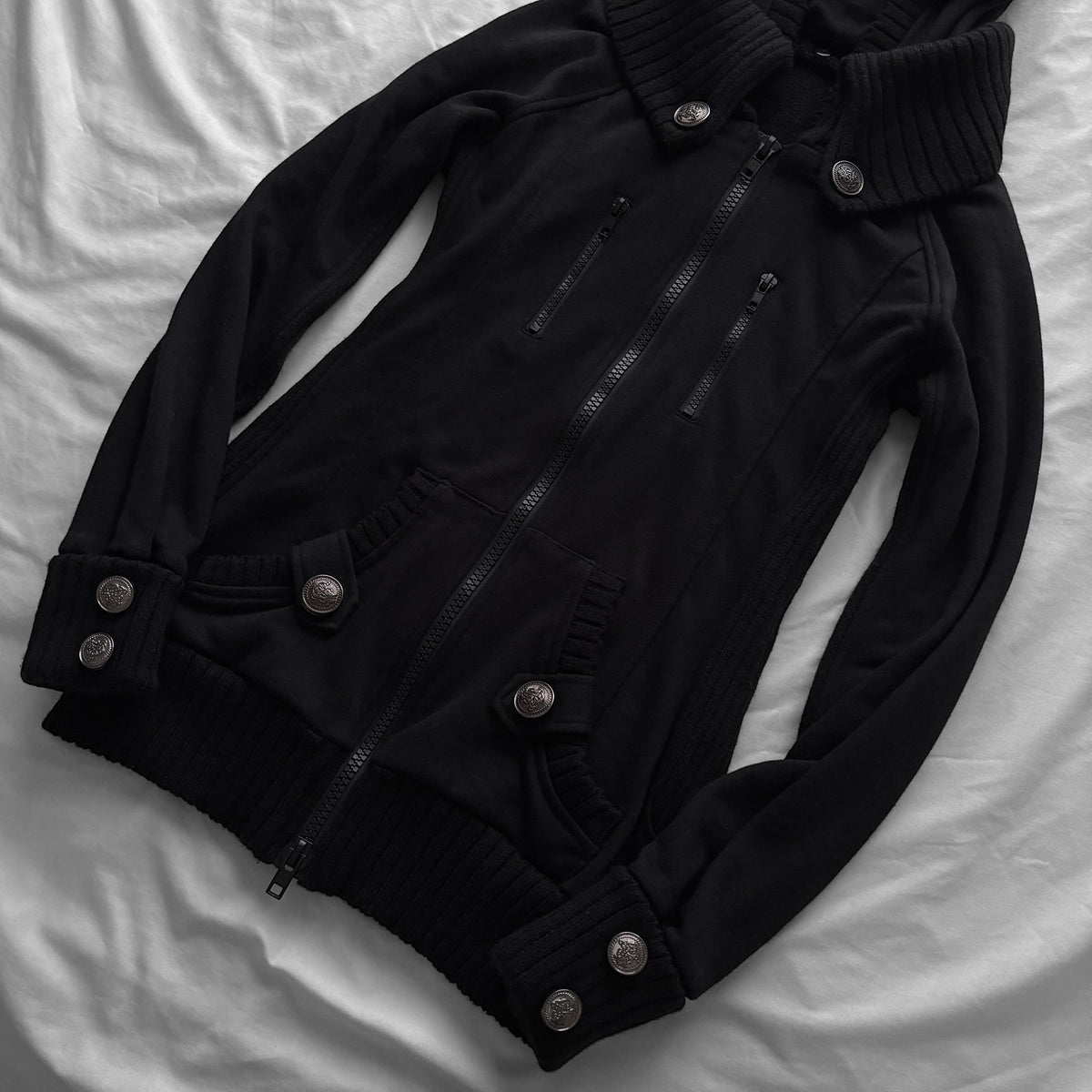 Black Military-Inspired Jacket with a Removable Hood