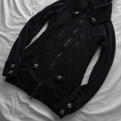 Black Military-Inspired Jacket with a Removable Hood