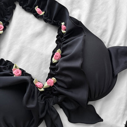 M size•Black& Pink Rose details bikini Set