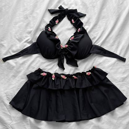 M size•Black& Pink Rose details bikini Set