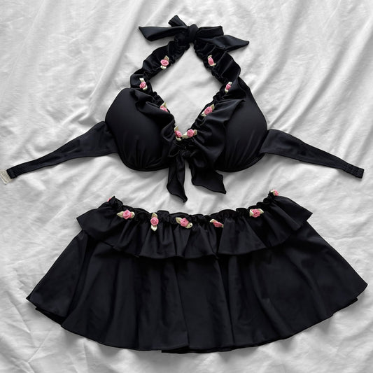 M size•Black& Pink Rose details bikini Set