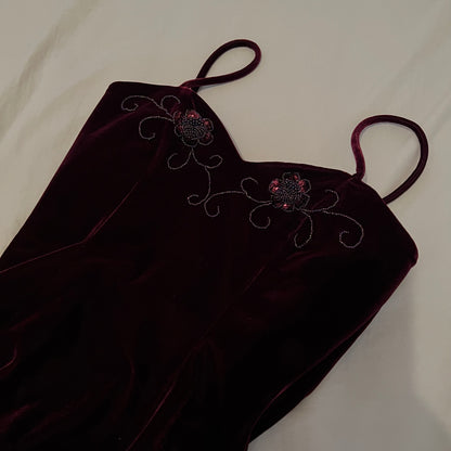 Burgundy velvet slit dress