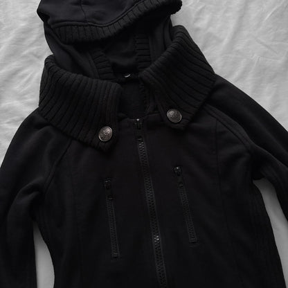 Black Military-Inspired Jacket with a Removable Hood