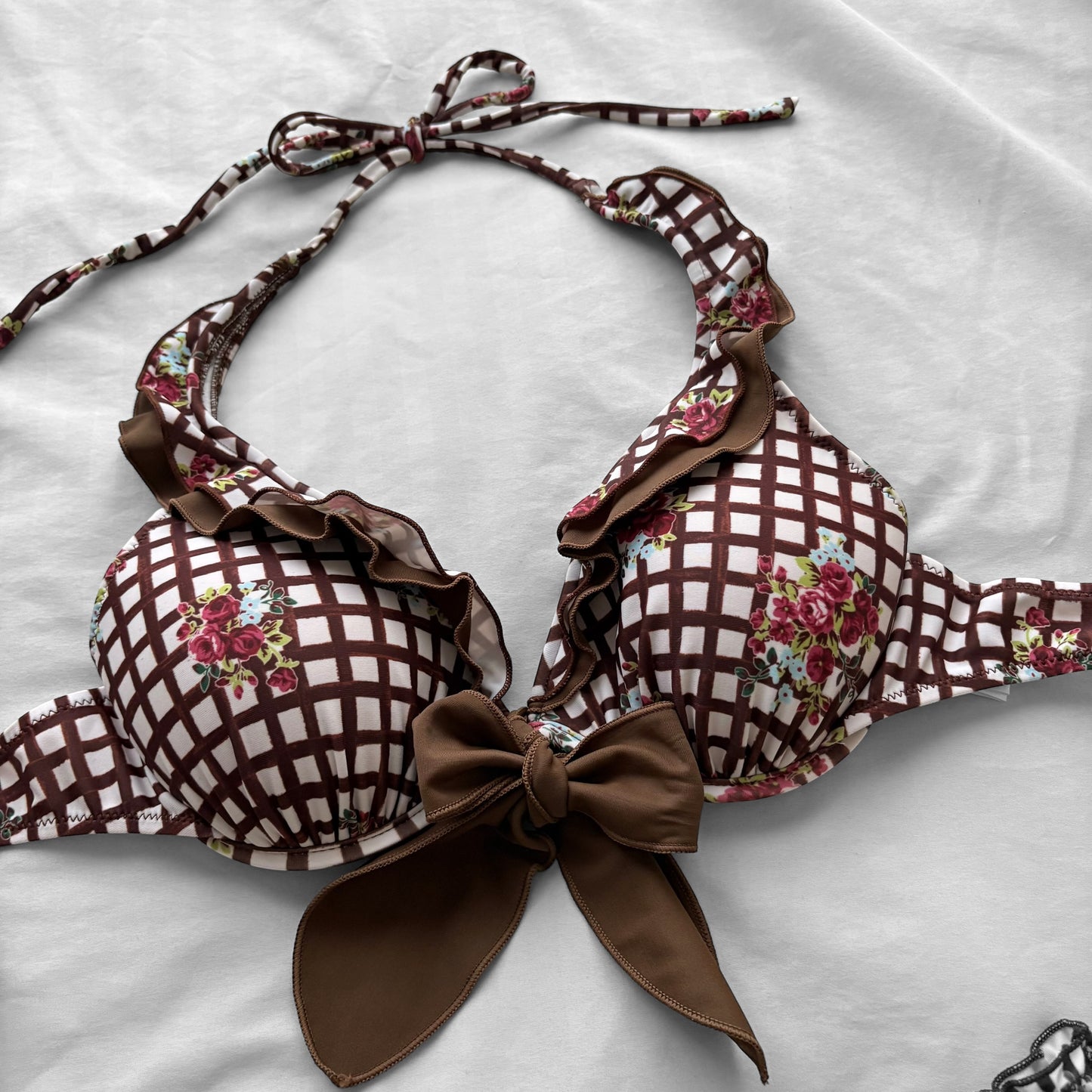 S size•brown plaid & floral bikini Set
